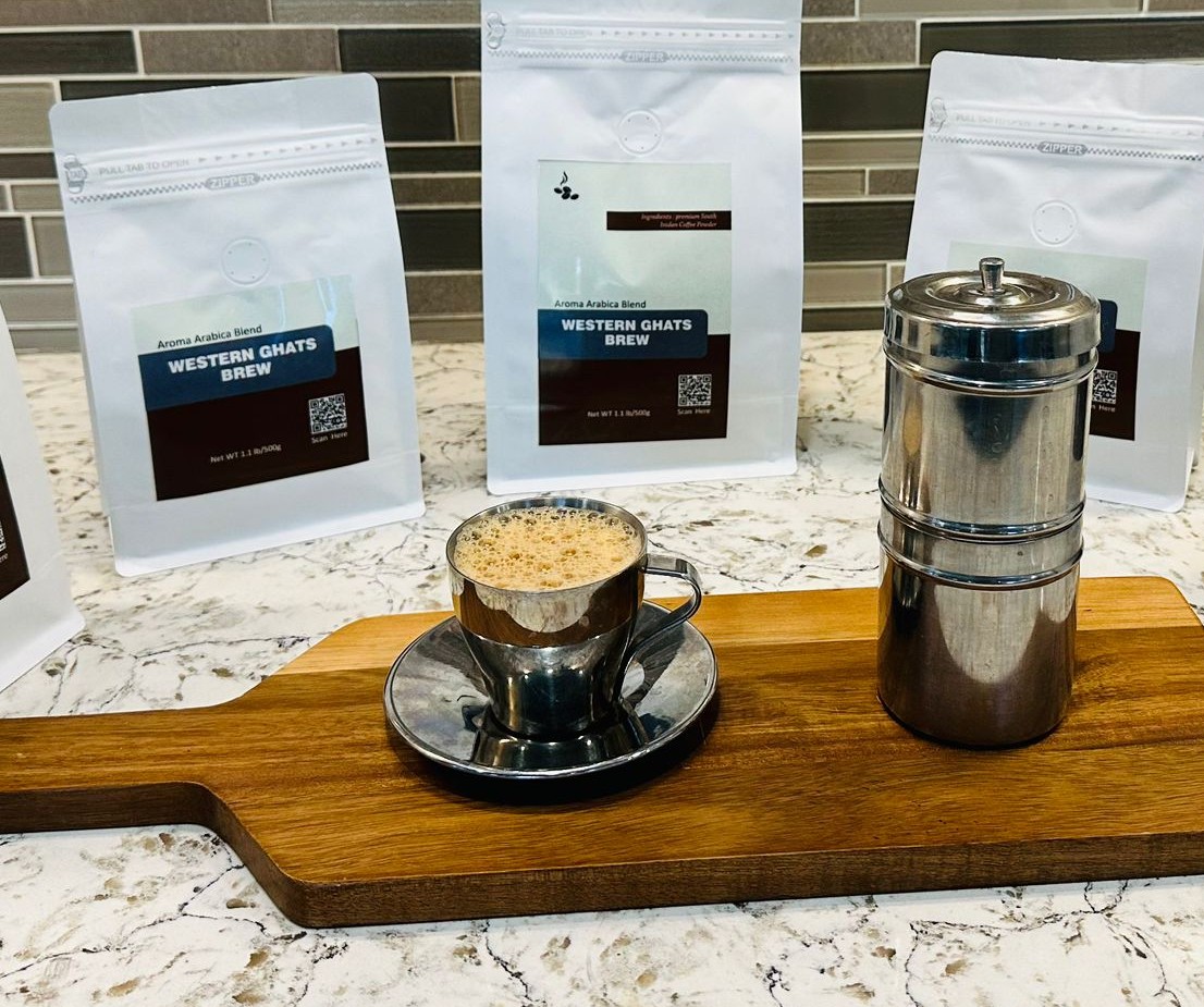 Western Ghats Brew pouches with a traditional South Indian tumbler and filter